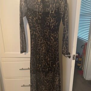 AllSaints Sheer Leopard-Print Long Sleeve Maxi Dress - Black & Brown